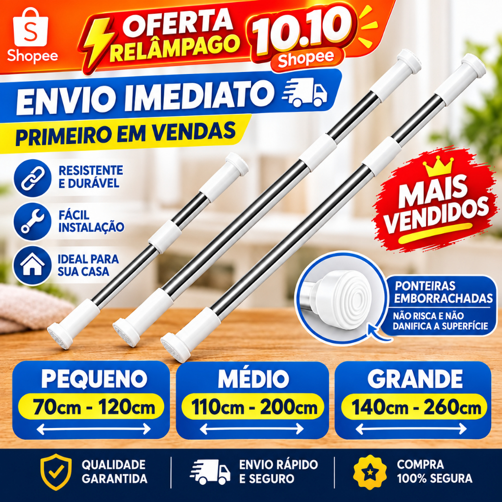 Varal Extensível Material De Inox para Cortina, Pia de Cozinha, Cortina do Box Banheiro e Cortina de Porta.