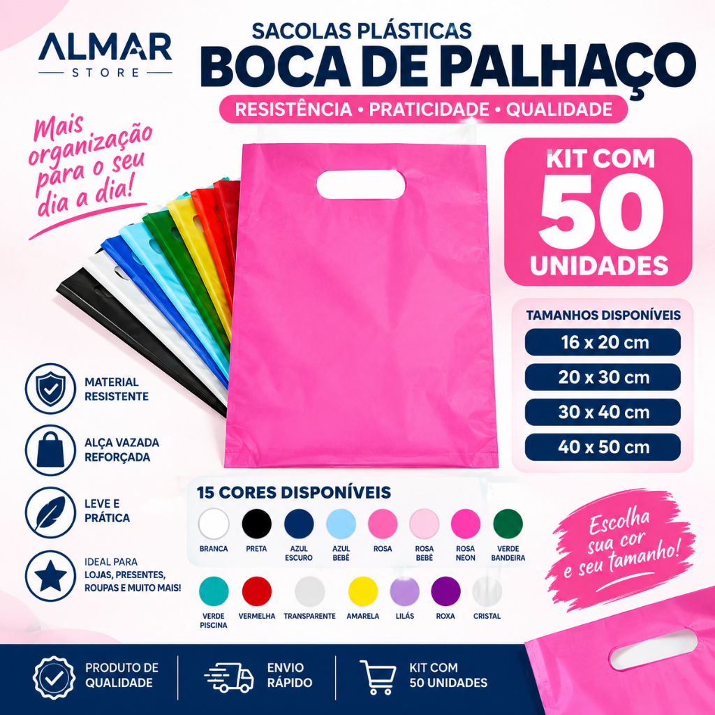 Kit 50 Sacolas Plásticas PREMIUN Embalagem Para Roupas, Maquiagem , Acessórios e Sapatos mais de 15 cores
