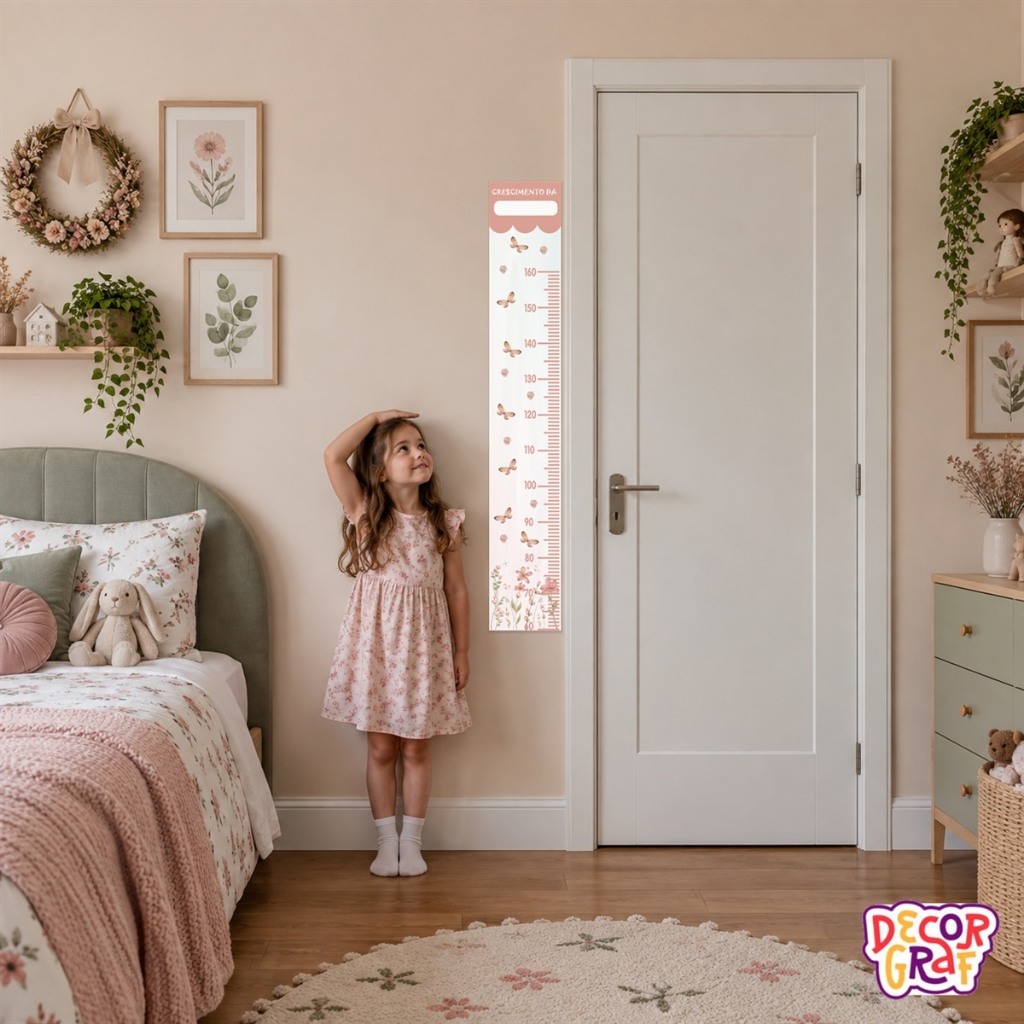 Régua De Medir Crescimento Altura Quarto Menina Jardim Floral Borboletas
