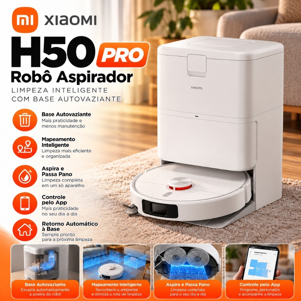 Robô Aspirador Xiaomi H50 Pro com Base Inteligente – Aspira e Passa Pano