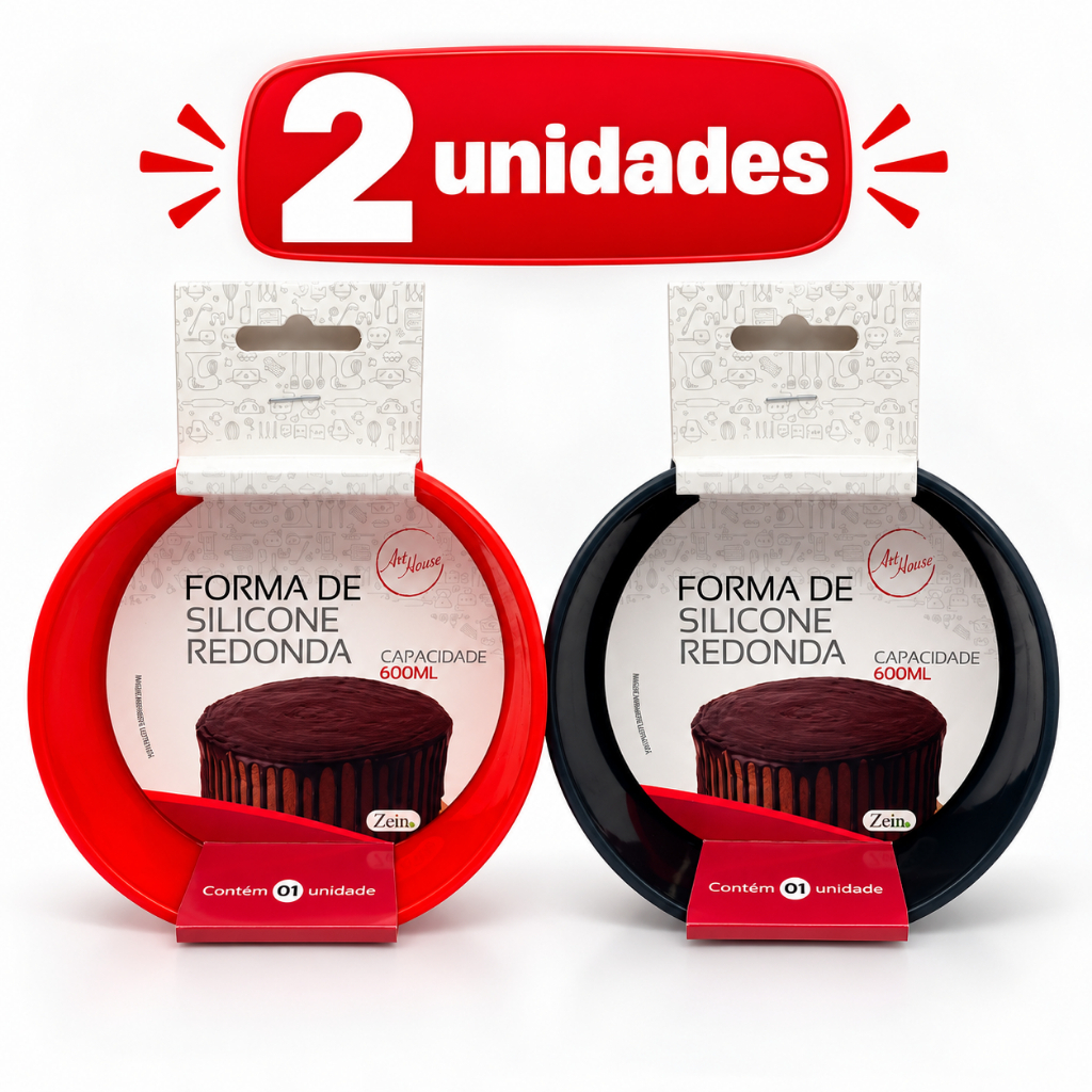 Forma de Silicone vermelha 13 cm e 600ml Redonda para Bolo, Pudim e Torta Air Fryer Micro-ondas