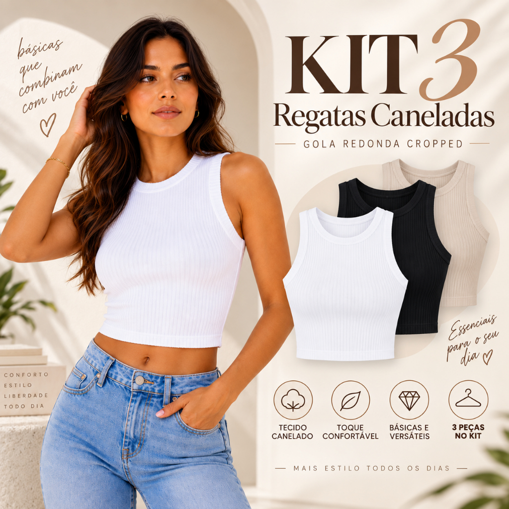 Kit 3 Regatas Cropped Femininas Caneladas Básicas Gola Redonda