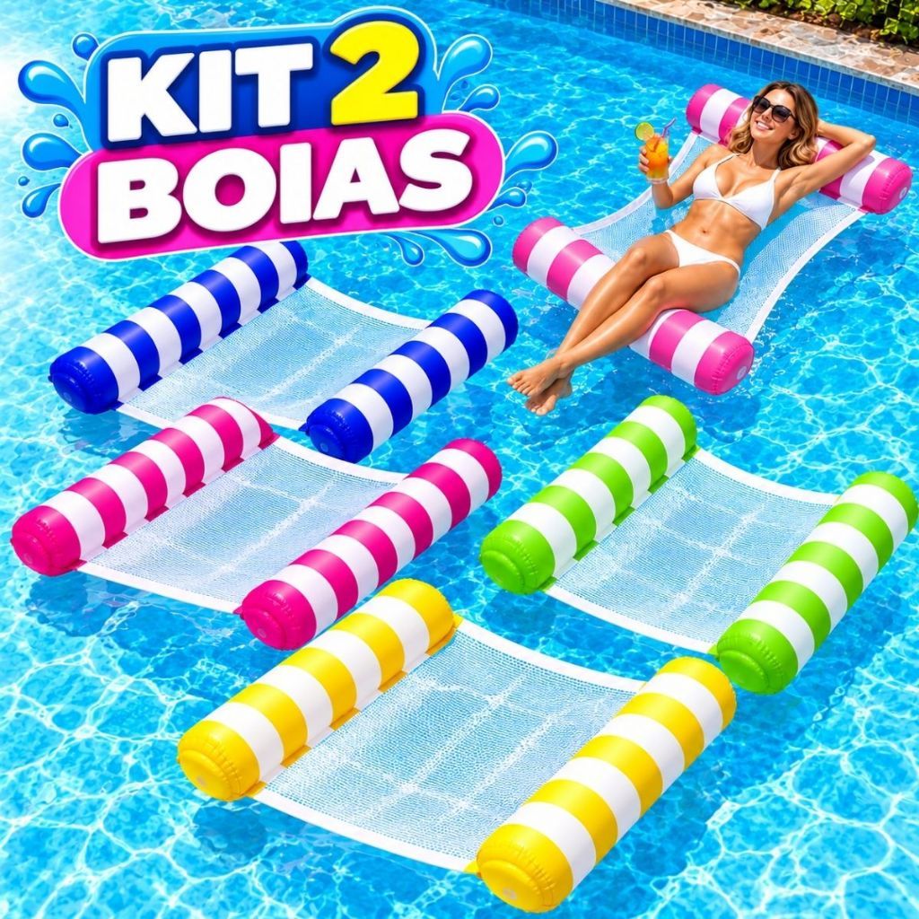 Kit 2 Bóia de Piscina Inflável com Rede Flutuante - Colchão de Água Reclinável e Confortável