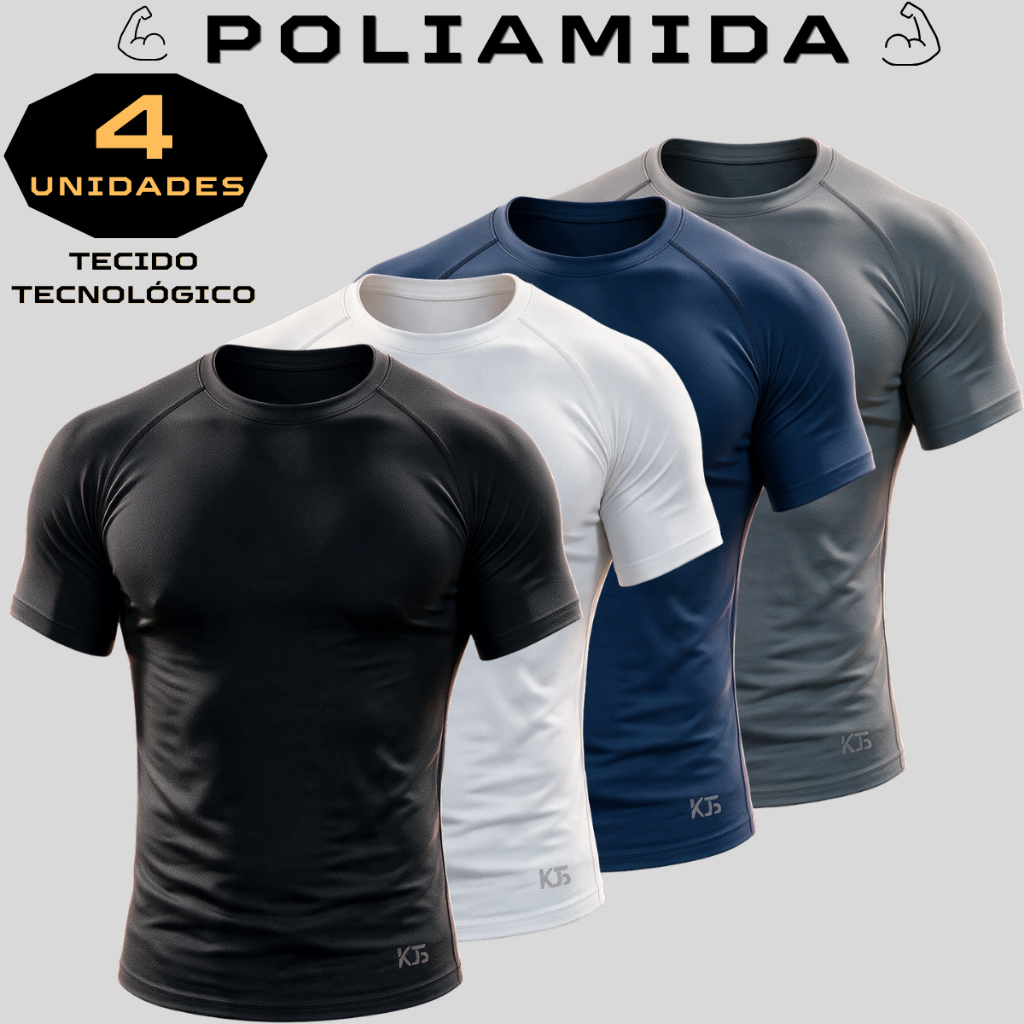 Kit 4 Camisetas Poliamida Tech Masculina Compressão Manga Curta Anti Odor Academia Rash Guard Raglan