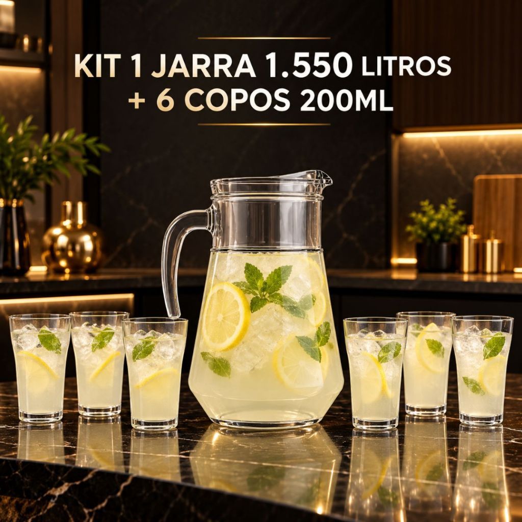 Kit Jarra Com Tampa 1L E 4/6 Copos Choppinho Jarro de Vidro Casa Jarra para Cozinha Suco Agua Duhome