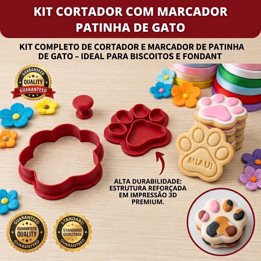 Kit Cortador e Marcador Patinha de Gato Para Cerâmica Argila Biscuit Modelar Confeitaria Decorativa Premium Monand