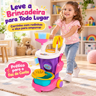 Carrinho de Limpeza Infantil com Acessórios + Balde e Vassoura Brinquedo Educativo Menino Menina