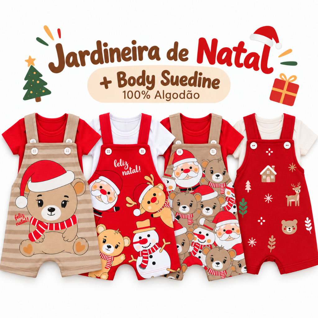 Conjunto Jardineira e Body Feliz Natal Menino e Menina