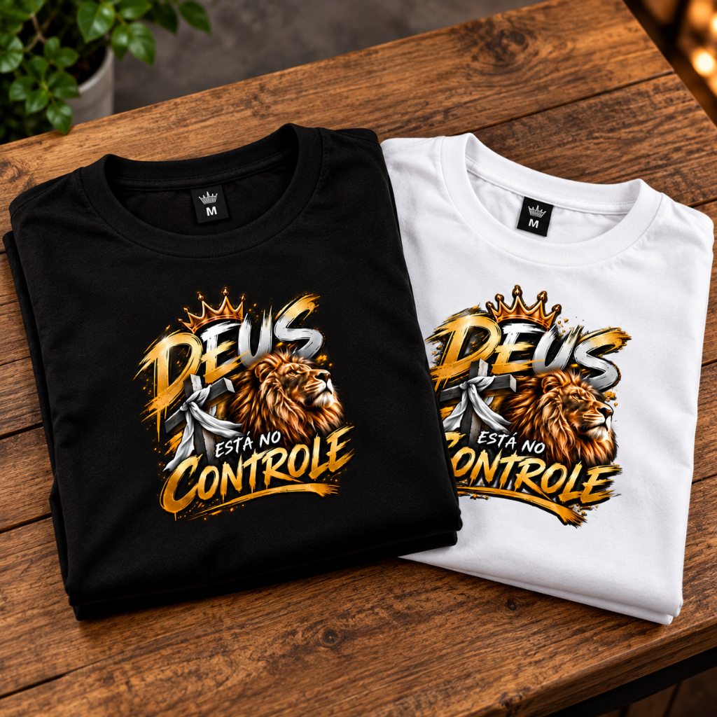 Camiseta Deus Está no Controle Masculina Feminina Fé Cristã Evangélica Gospel Estampa Exclusiva Poliéster Alta Qualidade