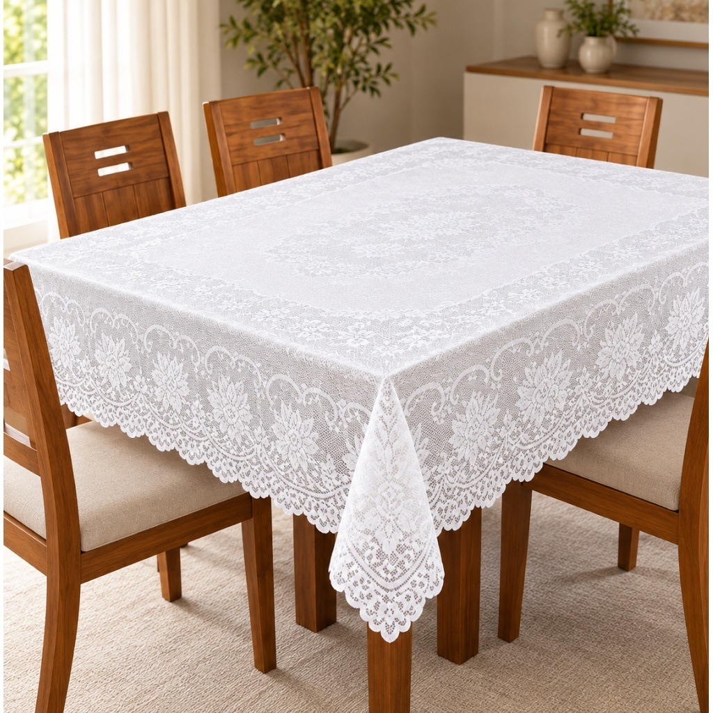 Toalha De Renda Retangular Para Mesa Natalina 4 Lugares 150cm x 150cm 100% Poliéster Elegância
