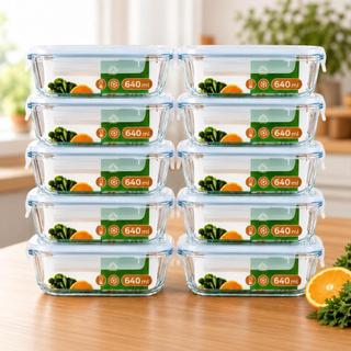 Kit 10 Potes de Vidro Herméticos 640ml Marmita 4 Travas para Freezer Air fryer Forno e Mi…
