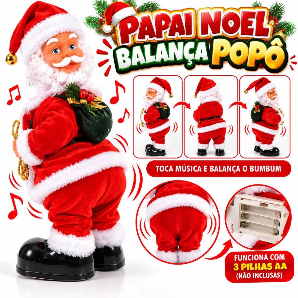 Papai Noel Boneco Musical Com Movimento Dança Meche Bumbum Música Decoração Natalina Promoção Natal Pilha