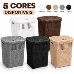 Cesto de Roupa 50L com Tampa Rattan Telado Organizador Lavanderia Banheiro Quartos Moderno