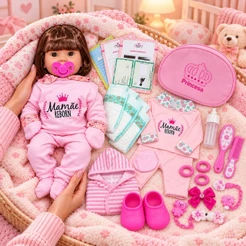 Kit Boneca Bebê 45cm Corpo Inteiro em Vinil com Bolsa Fraldas Mamadeira Chupeta e Enxoval + Brinde!