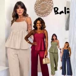 Conjunto Listrado de Calça Pantalona e Blusa Batinha Feminino Alças Verão Linho Marrante Alfaiataria