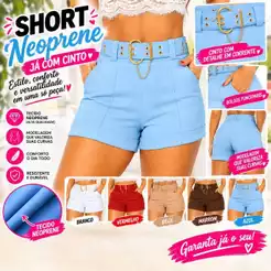 Short Neoprene Feminino Cintura Alta Preto Marrom Azul Bebê Vermelho Branco Bege e Marrom Escuro P M G GG