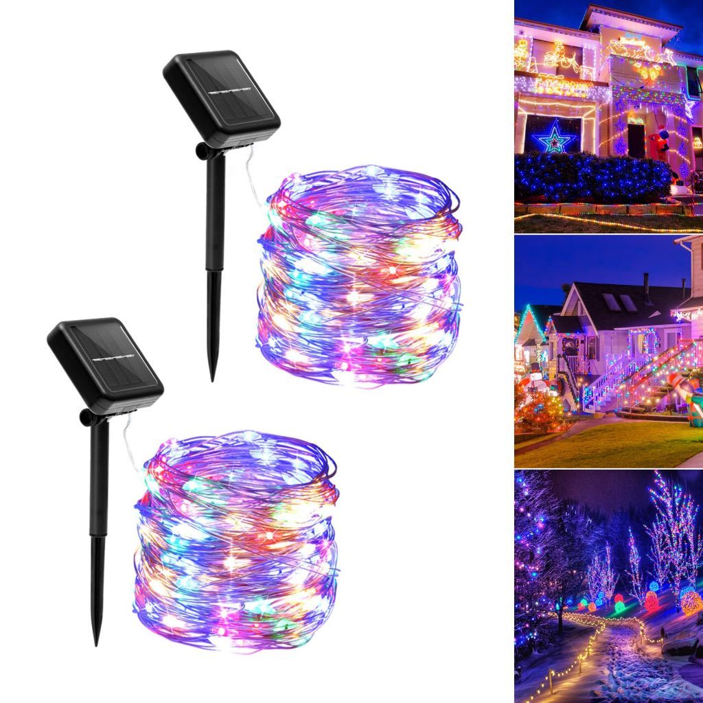 2pcs Luzes Solares 40M Fio de Cobre Luz Colorido 8 Modos para Jardim Varanda Área Externa