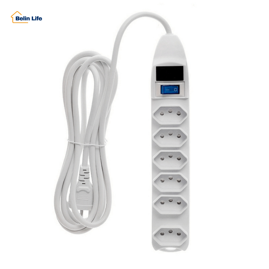 Régua de Tomadas SL-7606 Extensão Elétrica 10A Branca com Interruptor 6 Tomadas Cabo 1,5m 3m 5m