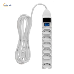 Régua de Tomadas SL-7606 Extensão Elétrica 10A Branca com Interruptor 6 Tomadas Cabo 1,5m 3m 5m