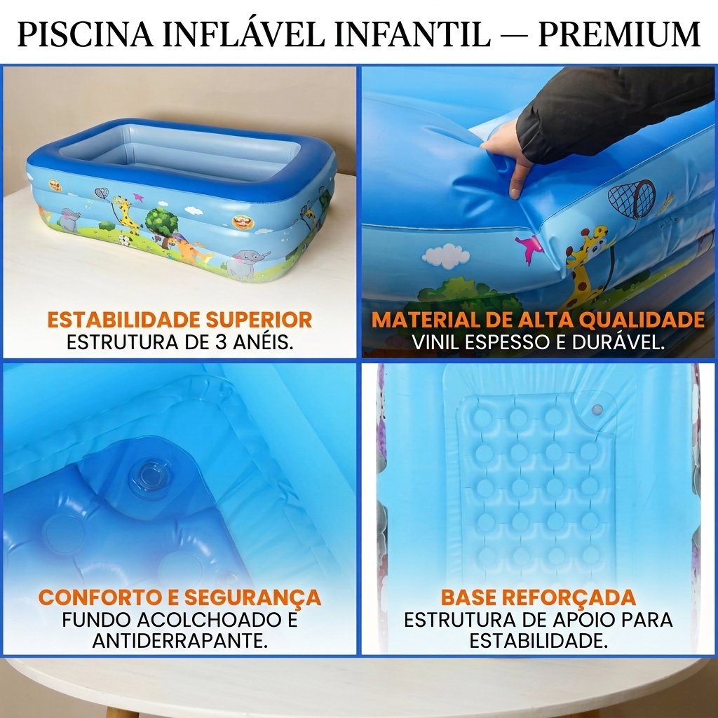 Piscina Inflável Retangular Infantil 3 Anéis 150cm 300 Litros Azul ou Rosa — imagem 2 de 2