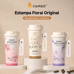 CIVAGO Copo Térmico 500ml Aço Inox 316 com Alça de Tecido e Estampa Fofa Tampa 2-em-1 antivazamento12h Quente/24h Frio
