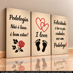 Kit Quadros Decorativos 3 Peças Podologia com Frases Motivacionais I Love Pés Salão de Beleza