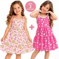 KIT 2 Vestido Infantil Menina Rosa Pink Estampado Rodado com Babado e Alcinha Verão