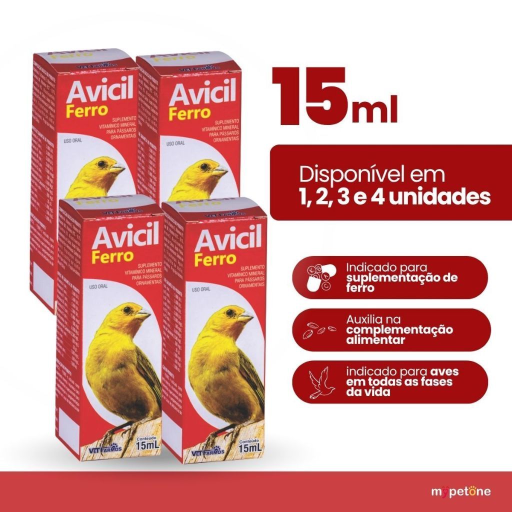 Avicil Ferro 15 Ml Suplemento Vitamínico Liquidos Para Aves Passaros Ornamentais 1, 2, 3 Ou 4 Unidades