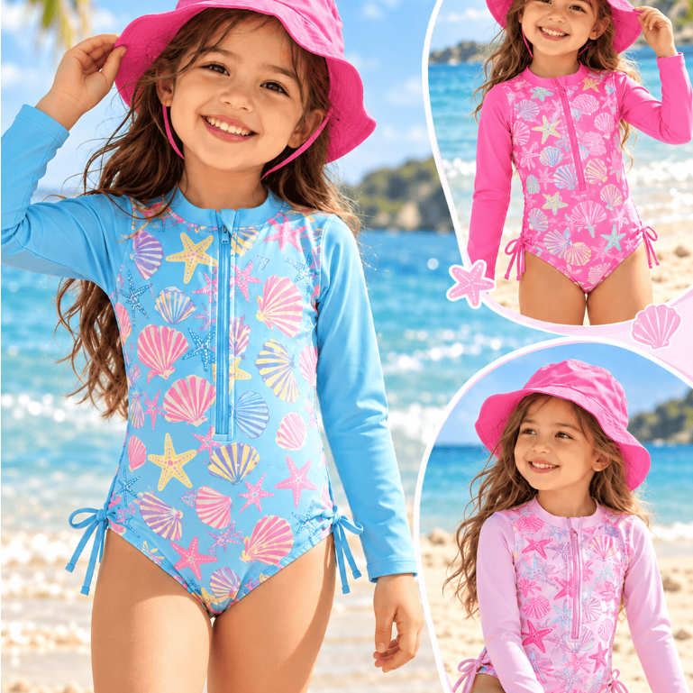 Conjunto Maiô Infantil Feminino Manga Longa com Chapéu Estampa Conchas e Estrelas do Mar para Praia e Piscina