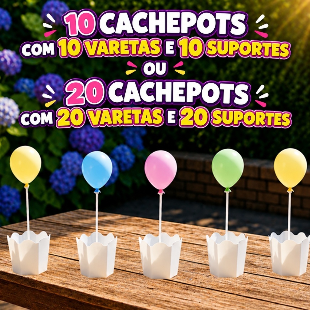 10/20 Centro de Mesa Cachepot Aniversário c/ 1 Varetas e Suportes cada.