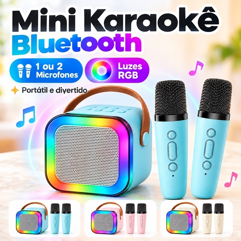 Caixa de Som Bluetooth Karaokê com 1 ou 2 Microfones Sem Fio RGB Portátil USB TF AUX