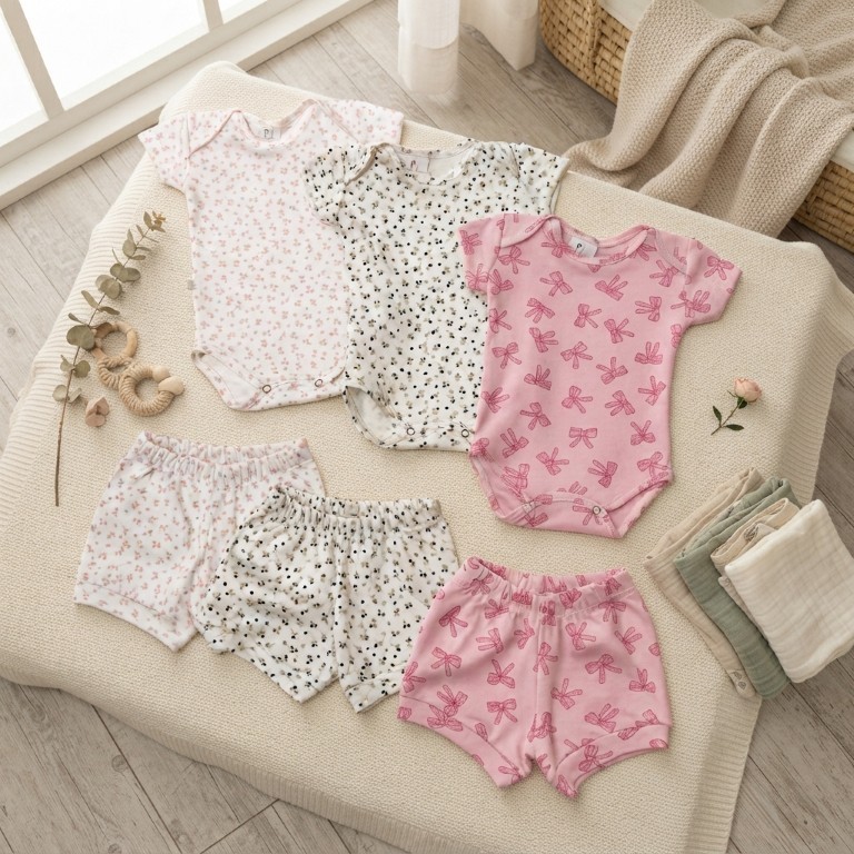 Conjunto Bebê Menina Menino Verão 2 Peças Body Transpassado e Short Estampas Sortidas 100% Algodão