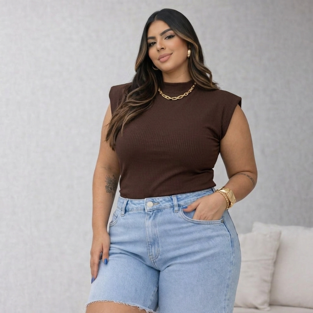 Blusa Feminina Muscle tee Plus Size Premium Ribana Canelada Gola Redonda Básica Social Elegante