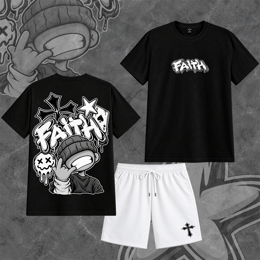 Conjunto Masculino Streetwear Camiseta 100% Algodão Oversized Estampada Faith  Short Bermuda Teactel Casual Moda Urbana