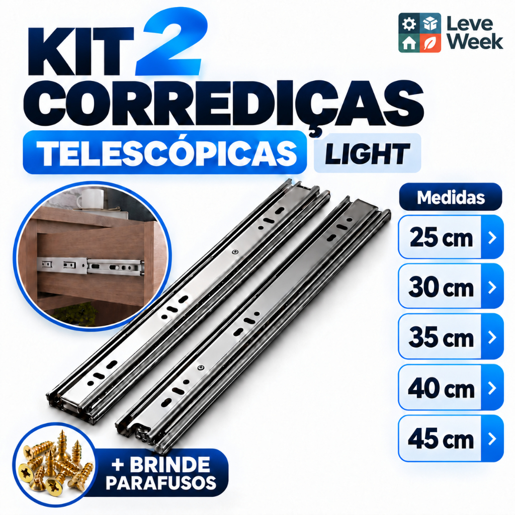 Par De Corrediças Telescópicas Light Para Gaveta Kit 2 Trilhos 25cm a 45cm Aço Zincado Para Móveis