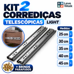 Par De Corrediças Telescópicas Light Para Gaveta Kit 2 Trilhos 25cm a 45cm Aço Zincado Para Móveis