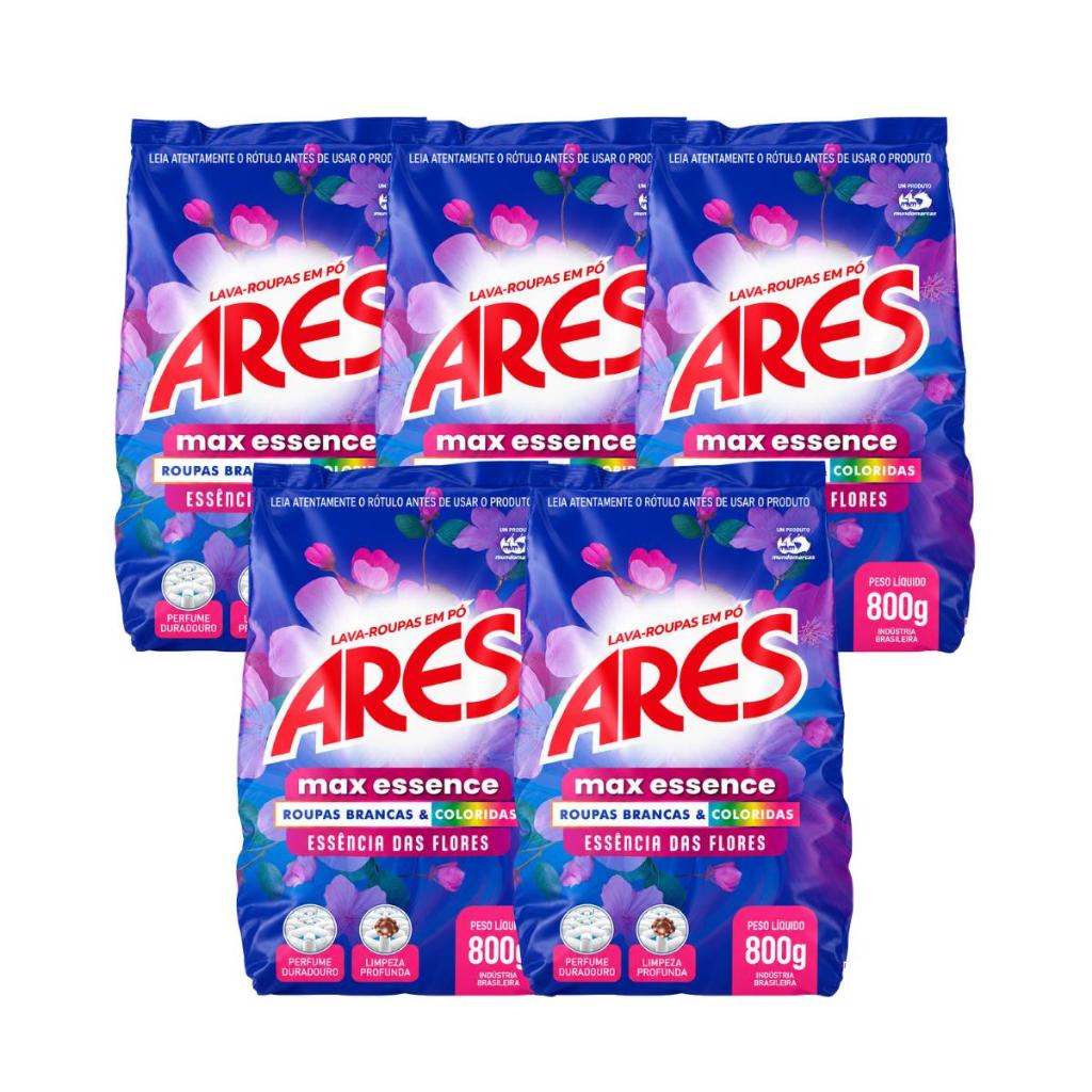 Kit 5 Unidades Lava Roupas Em Pó Ares Max Essence Flores 800g Roupas Brancas e Coloridas