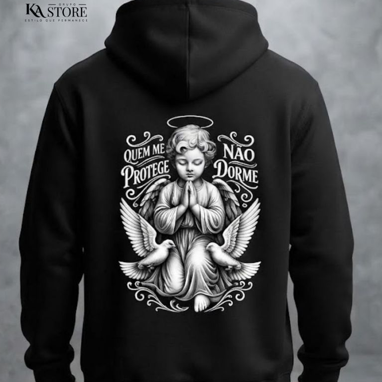 Moletom Blusa de Frio Estampa Frente e Costas Quem me Protege Não Dorme Anjo Streetwear Urban Moletons Unissex