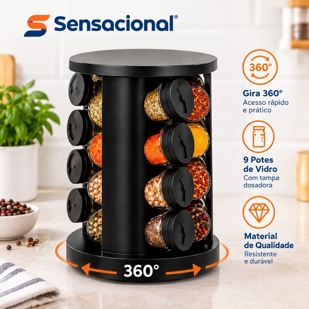 Porta Temperos Profissional Giratório 360° 9 Potes Vidro Tampa Dosadora Condimentos Organizador Cozinha Sensacional
