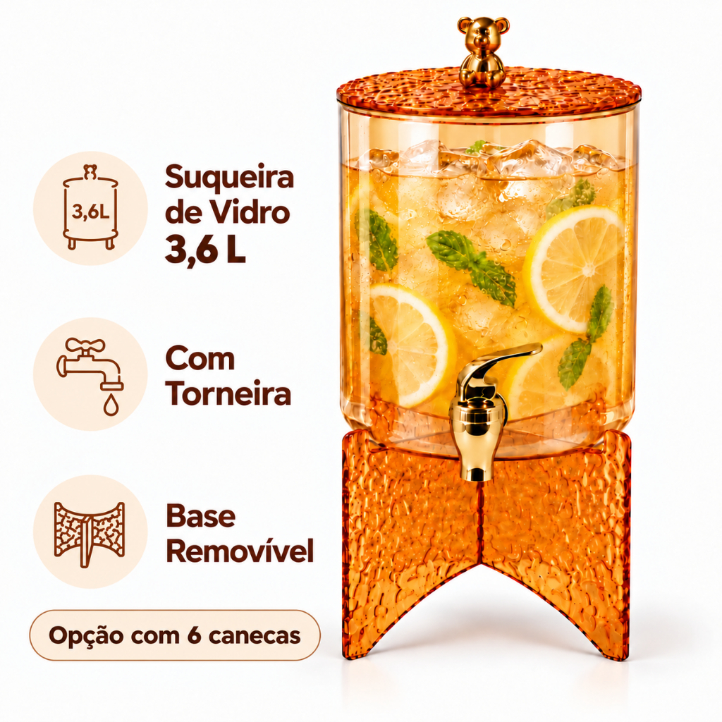 Suqueira de Vidro Âmbar 3,6L com Torneira Dourada, Tampa de Ursinho e Base Removível para Servir Sucos, Água e Chá Frio