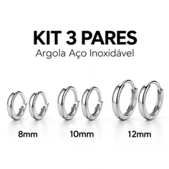 Kit 3 Pares Brinco Argola Aço Inoxidável Prata 8mm 10mm 12mm Feminino Masculino Unissex