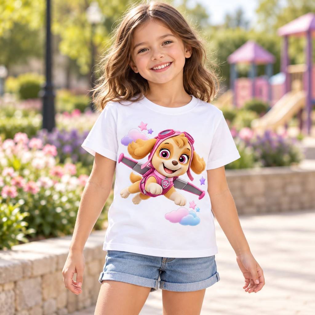 Camiseta Infantil SKYE 100% Algodão Estampada Personagem Patrulha Canina Divertida e Intuitiva Criança