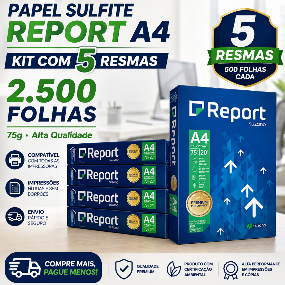 Kit 5 Resmas Papel Sulfite A4 Report 75g 2500 Folhas Branco Premium Para Impressora