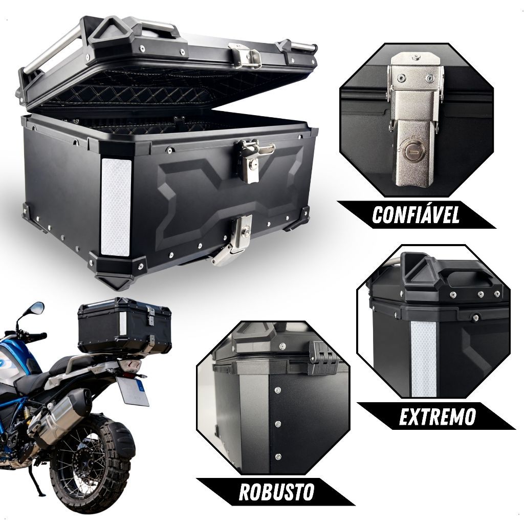 Bauleto Preto Aluminio ACM 65 Litros Universal Para 2 Capacetes com X + Suporte e Encosto · foto 2