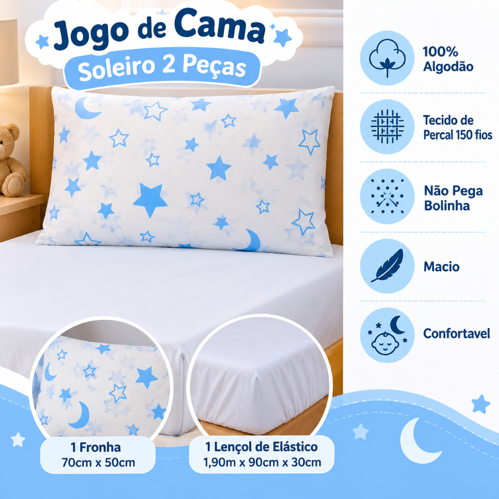 Jogo de Lençol Infantil Cama Solteiro 2 peças Percal 150 fios 100% Algodão Macio Resistente