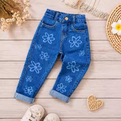 Calça Jeans Mom Coração Flor Infantil Menina Feminina