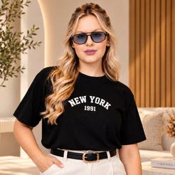 T-Shirt Feminina Estampada Camiseta New York Gola Redonda 100% Algodão