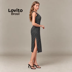 Lovito Vestido Feminino Midi Básico Listrado com Fenda Lateral DRB1BRL012