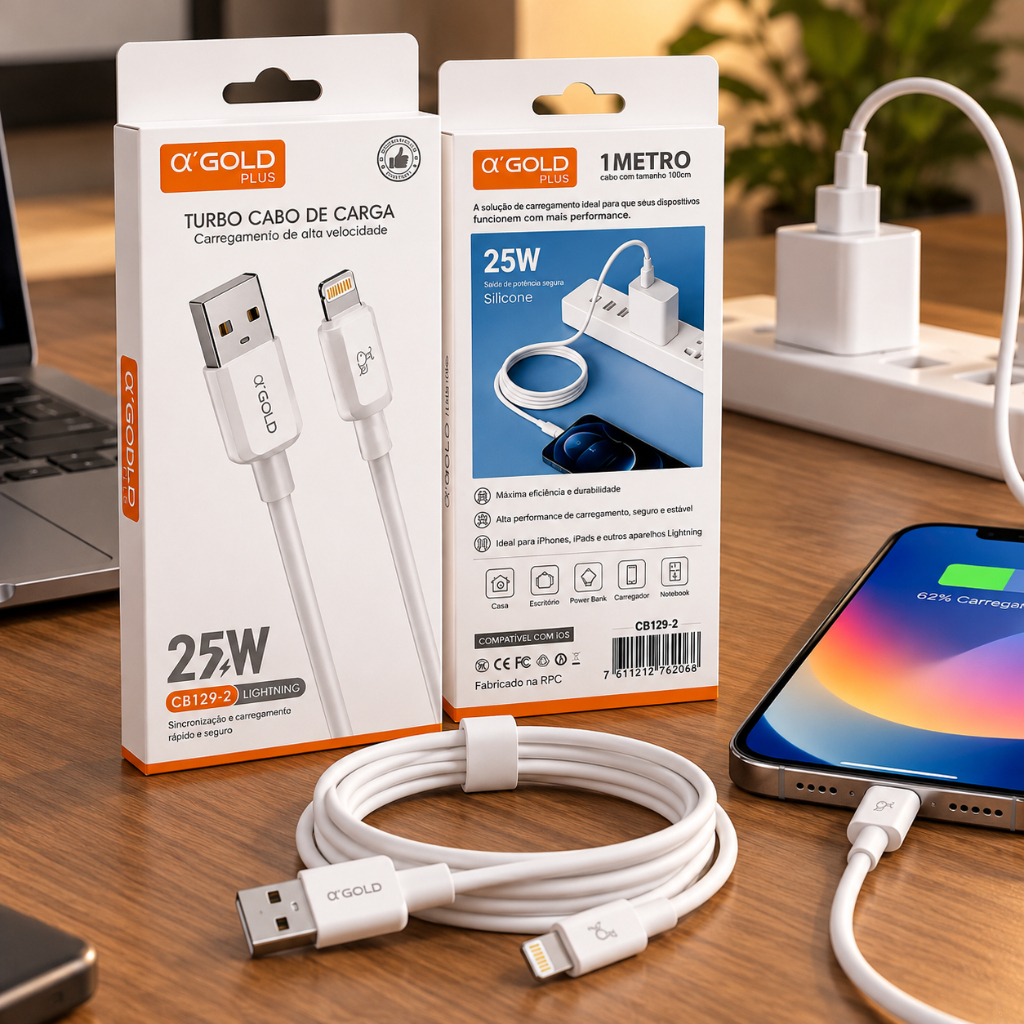 Cabo USB A'Gold 25W para iPhone Lightning Carregamento Rápido Turbo Reforçado Resistente Alta Qualidade