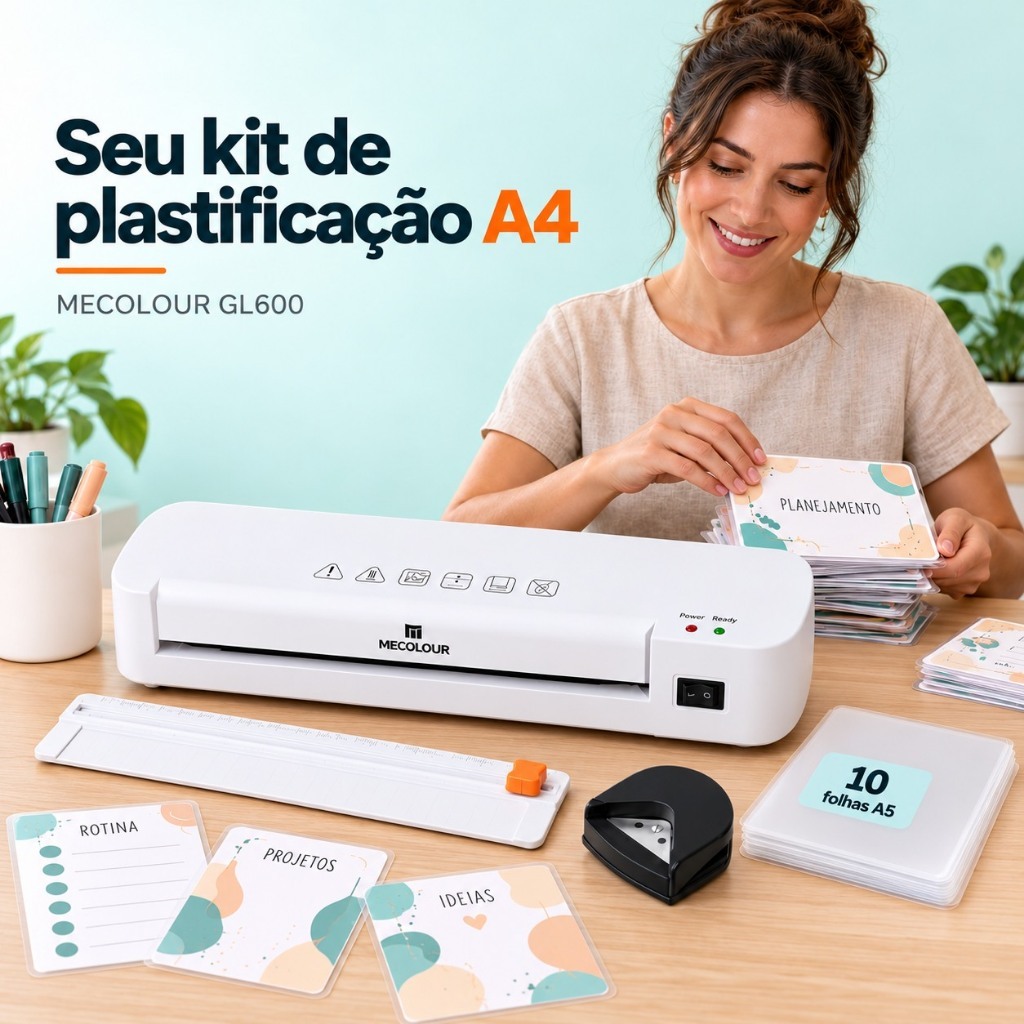 Plastificadora Laminadora A4 3x1 Quente/Fria ,A5 10 Pcs De Plástico+ Cortador De Papel Mecolour